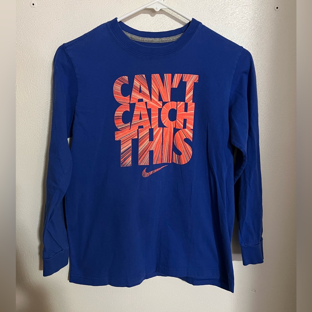 NIKE Classic Can't Catch This Athletic Long Sleeve T Shirt Blue Orange Boy's L